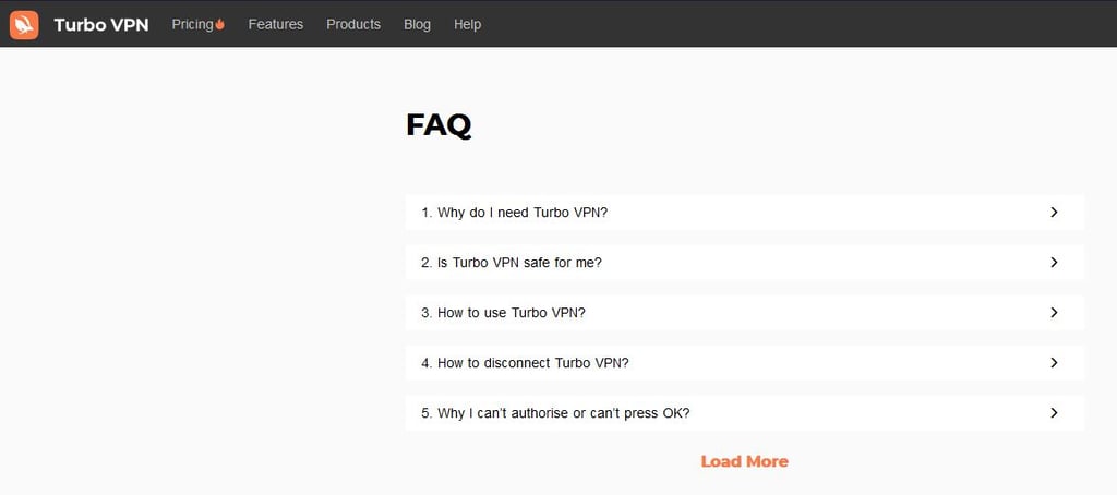 Turbo VPN FAQ page screenshot