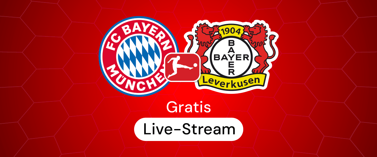 FC Bayern vs Bayer Leverkusen Logos, roter Hintergrund, Gratis-Stream Label