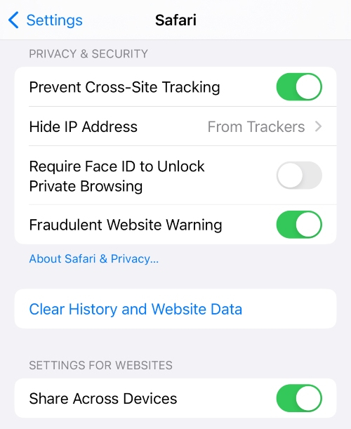 Safari iOS settings