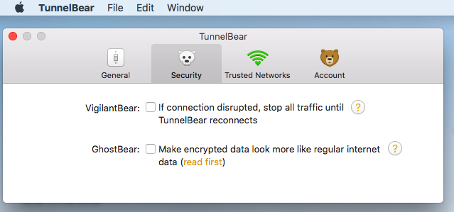 Preferencias de Seguridad de TunnelBear en Mac