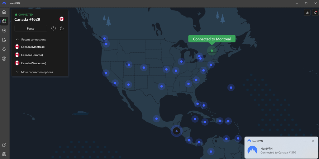 NordVPN is connected to Canada server