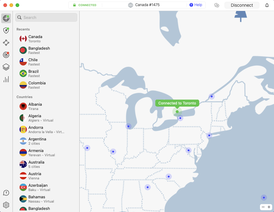 nordvpn connected to toronto