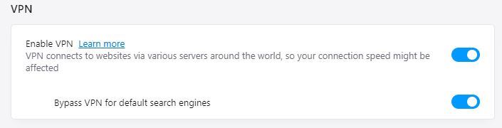 Opera réglages navigateur – VPN activé