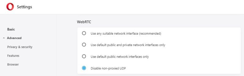 Opera navigateur réglages WebRTC