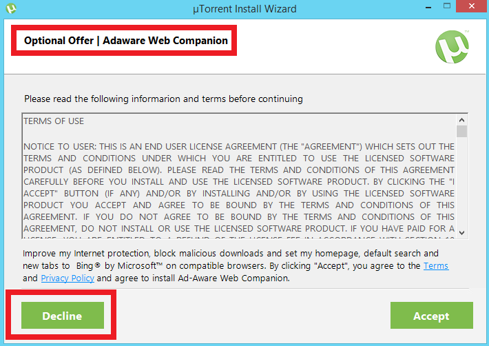 uTorrent installer option adaware via web companion
