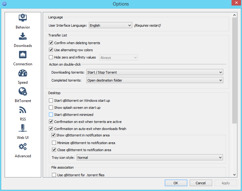 qBittorrent menu options
