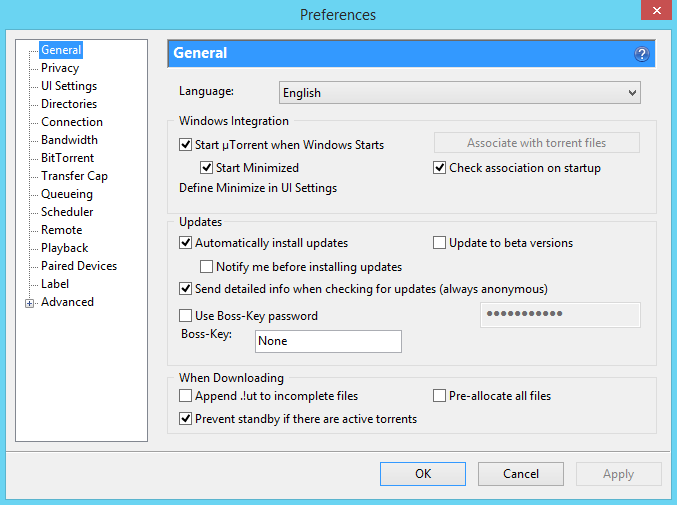 uTorrent options menu