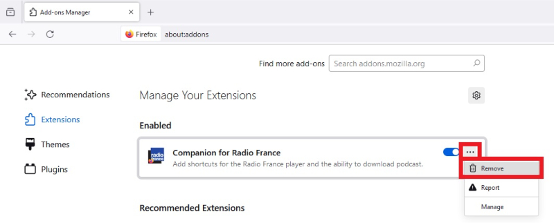 Remove Mozilla Firefox add-ons