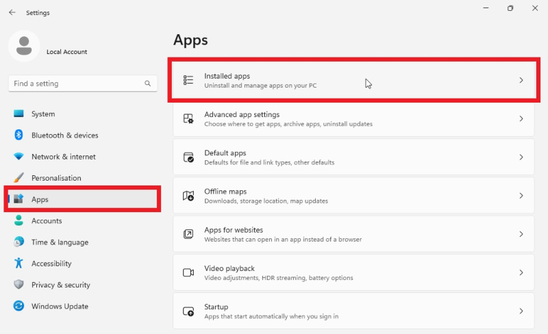 Installed apps in Windows Settings