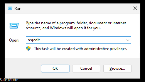 Windows Run window to enter Registry Editor