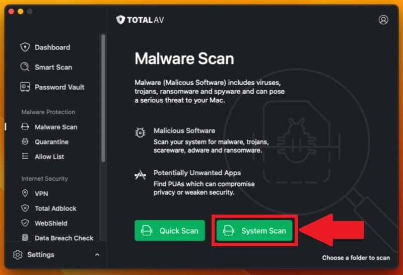 Full system scan on TotalAV