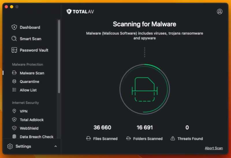 Mac system scan in progress on TotalAV