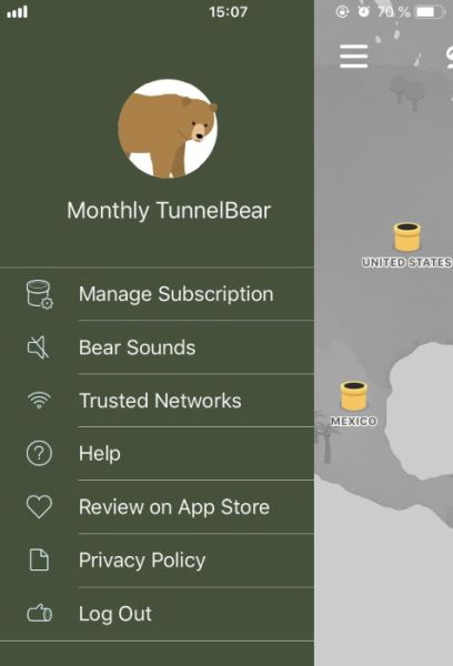 TunnelBear iOS appli réglages