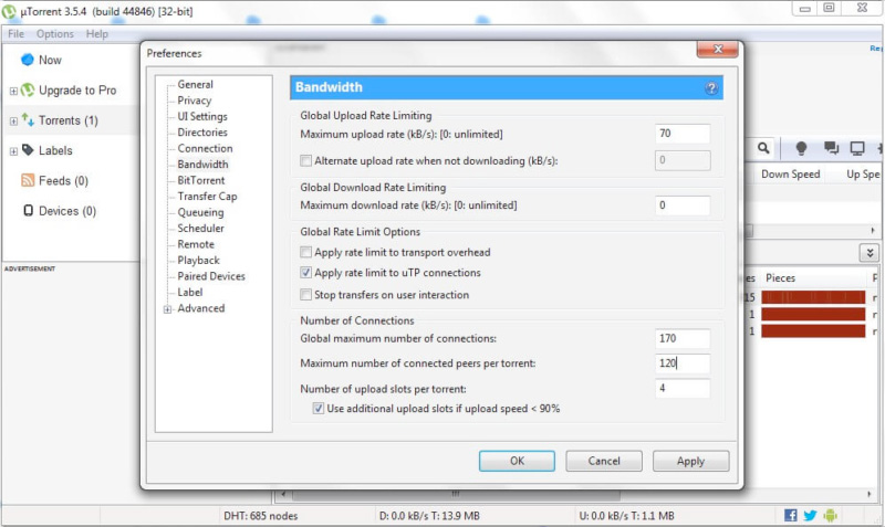uTorrent bande passante