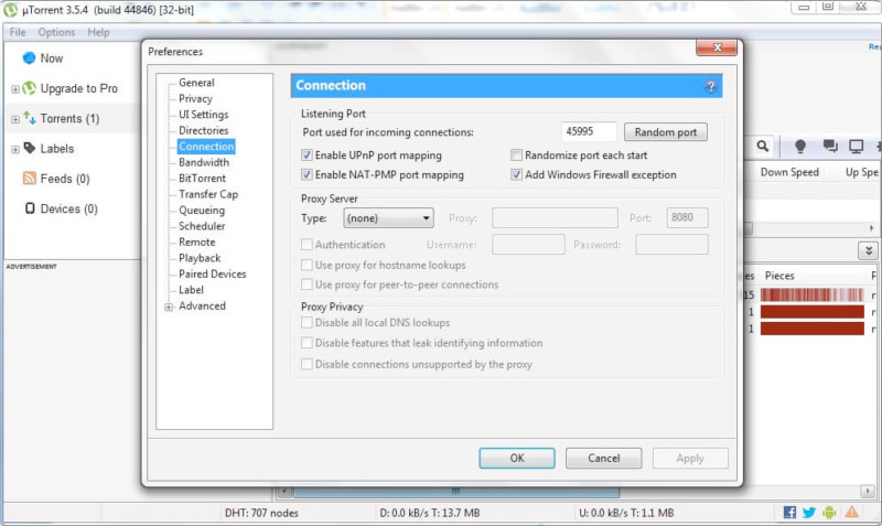 uTorrent préférences de connexion