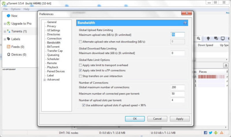 uTorrent limiter la bande passante
