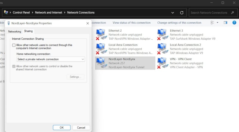Windows VPN adapter settings