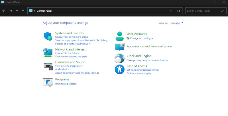 Windows control panel
