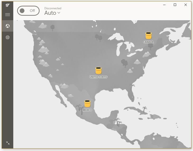 Mapa en la pantalla principal de TunnelBear (Versión Windows)